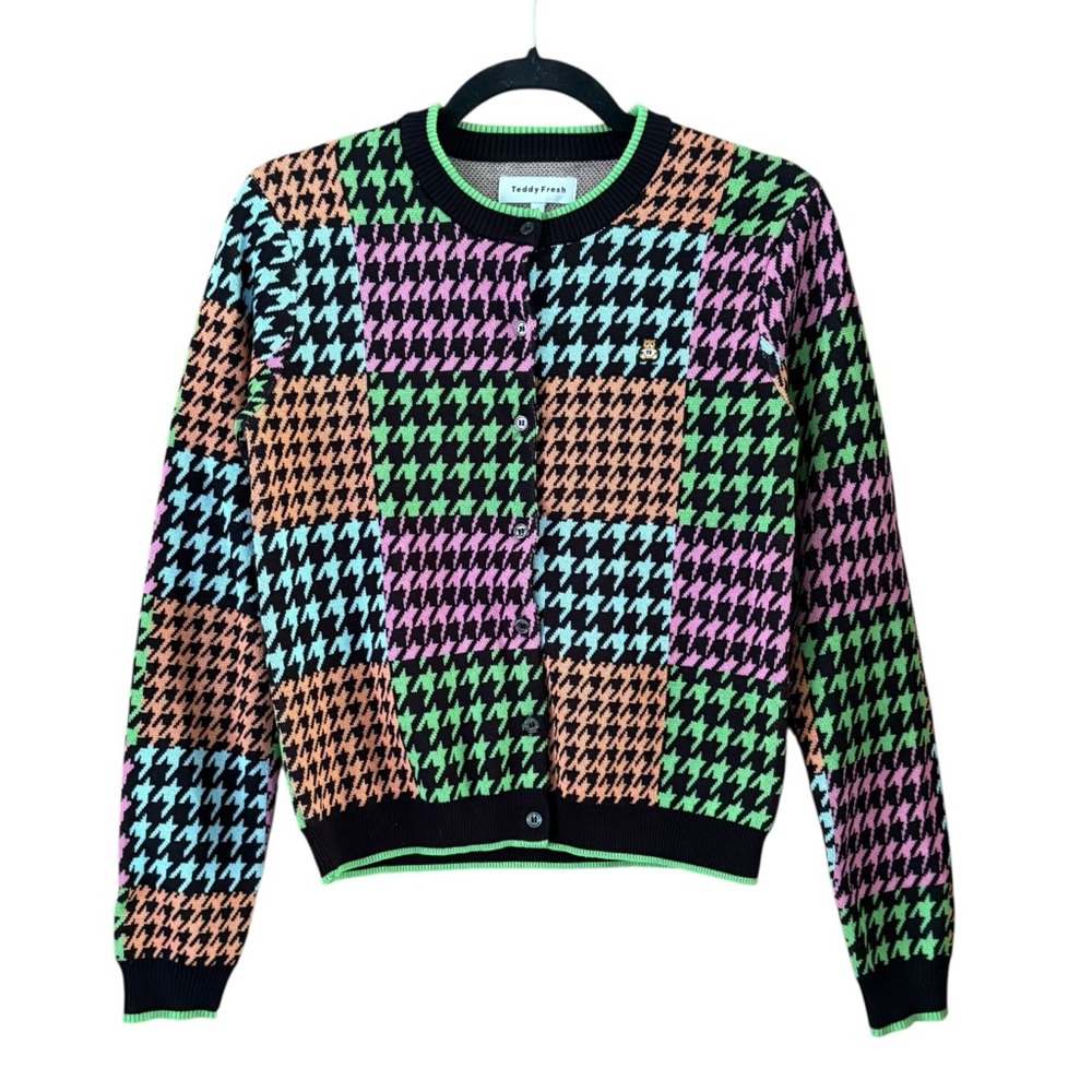 Teddy Fresh Multi-Color Houndstooth Button Front Cardigan Size Small Bold